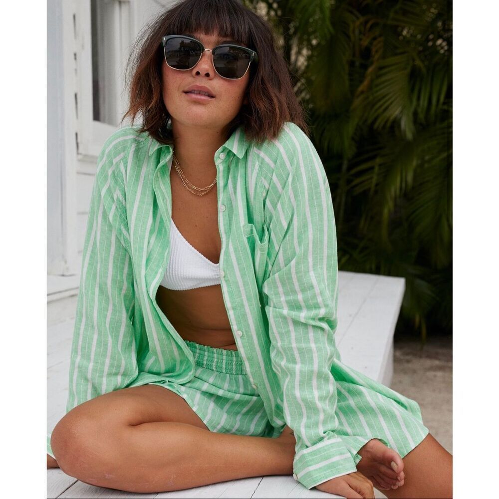 Aerie linen blend coverup shirt button down celebrity green stripes XS - Picture 13 of 13